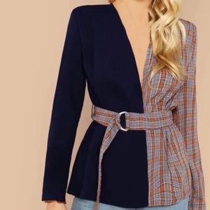 Two Tone Women's Belted Blazer w/ shoulder pads Navy blue & Tan Plaid Size Large